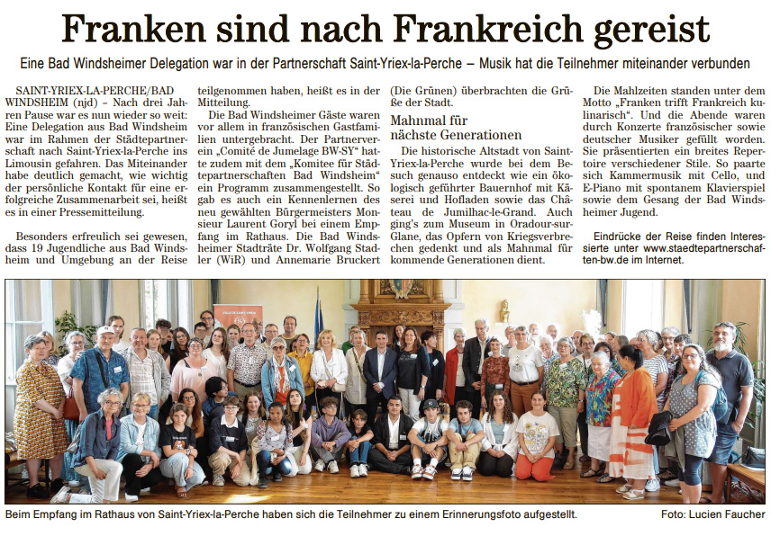Pressebericht der Fränkischen Landeszeitung vom 20.05.2025 über einen Schüleraustausch zwischen Bad Windsheim und der Partnergemeinde Saint-Yriex-la-Perche.