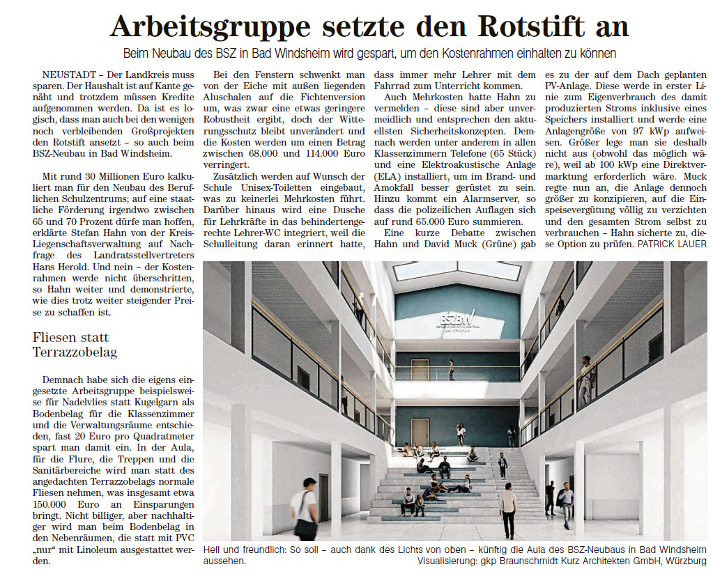 Pressebericht der Fränkischen Landeszeitung vom 27.02.2026 zu Sparmaßnahmen beim Neubau des BSZ Bad Windsheim.