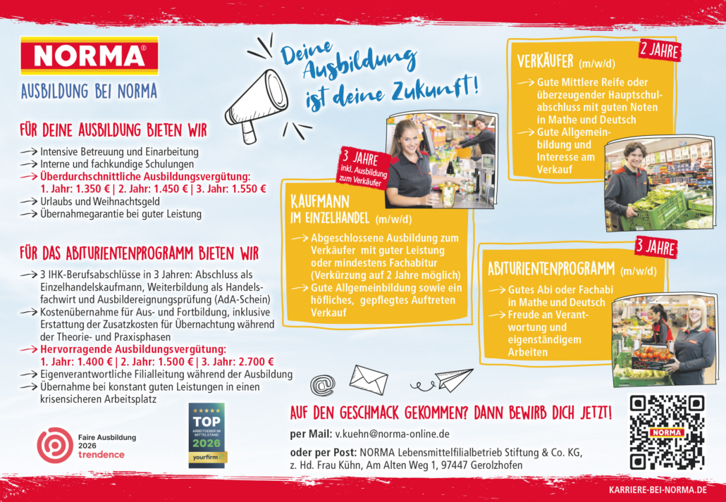 Stellenanzeige von Norma für die Ausbildung zum Verkäufer/zur Verkäuferin, Kaufmann/Kauffrau im Einzelhandel bzw. das Abiturientenprogramm