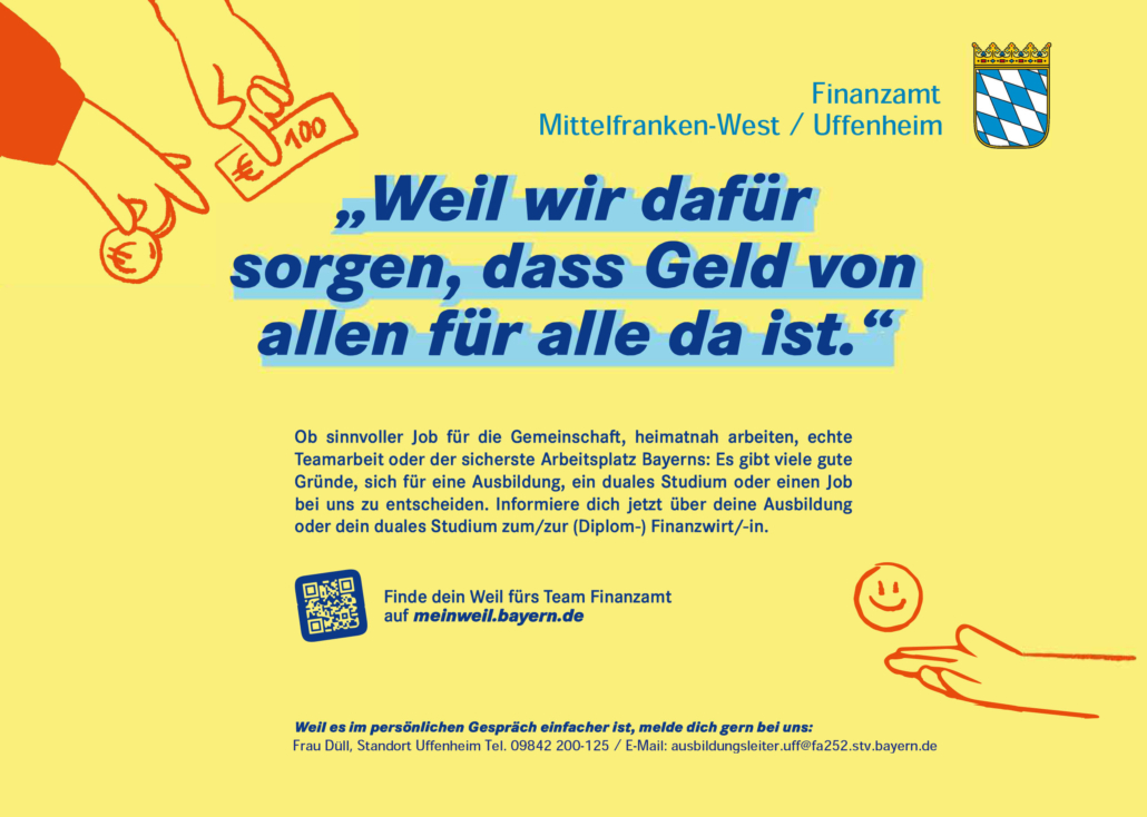Stellenanzeige des Finanzamtes Uffenheim für eine Ausbildung oder ein duales Studium. https://stmfh.bayern.de