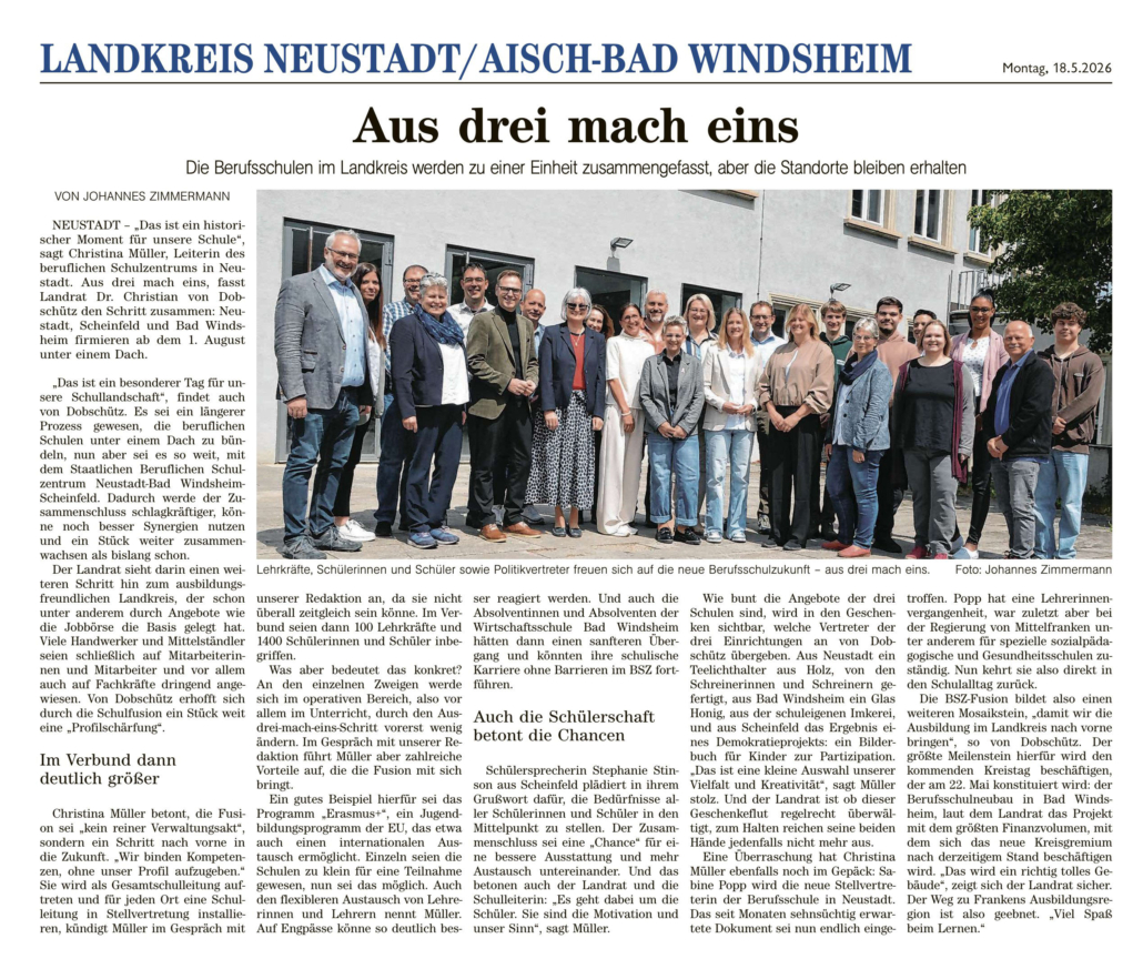 Pressebericht "Aus drei mach eins" über die Neugründung des BSZ Neustadt an der Aisch - Bad Windsheim - Scheinfeld