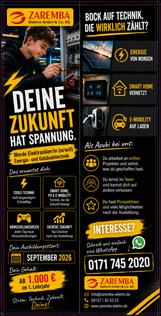 Anzeige für einen Ausbildungsplatz zum/zur Elektriker/in (m,w,d) Fachrichtung Energie- und Gebäudetechnik von Zaremba Elektro GmbH und Co. KG