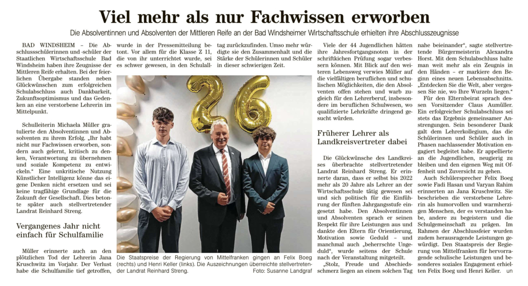 Bericht der fränkischen Landeszeitung zur Abschlussfeier und Übergabe der Mittlere Reife Zeugnisse an der Wirtschaftsschule Bad Windsheim vom 27.07.2026
